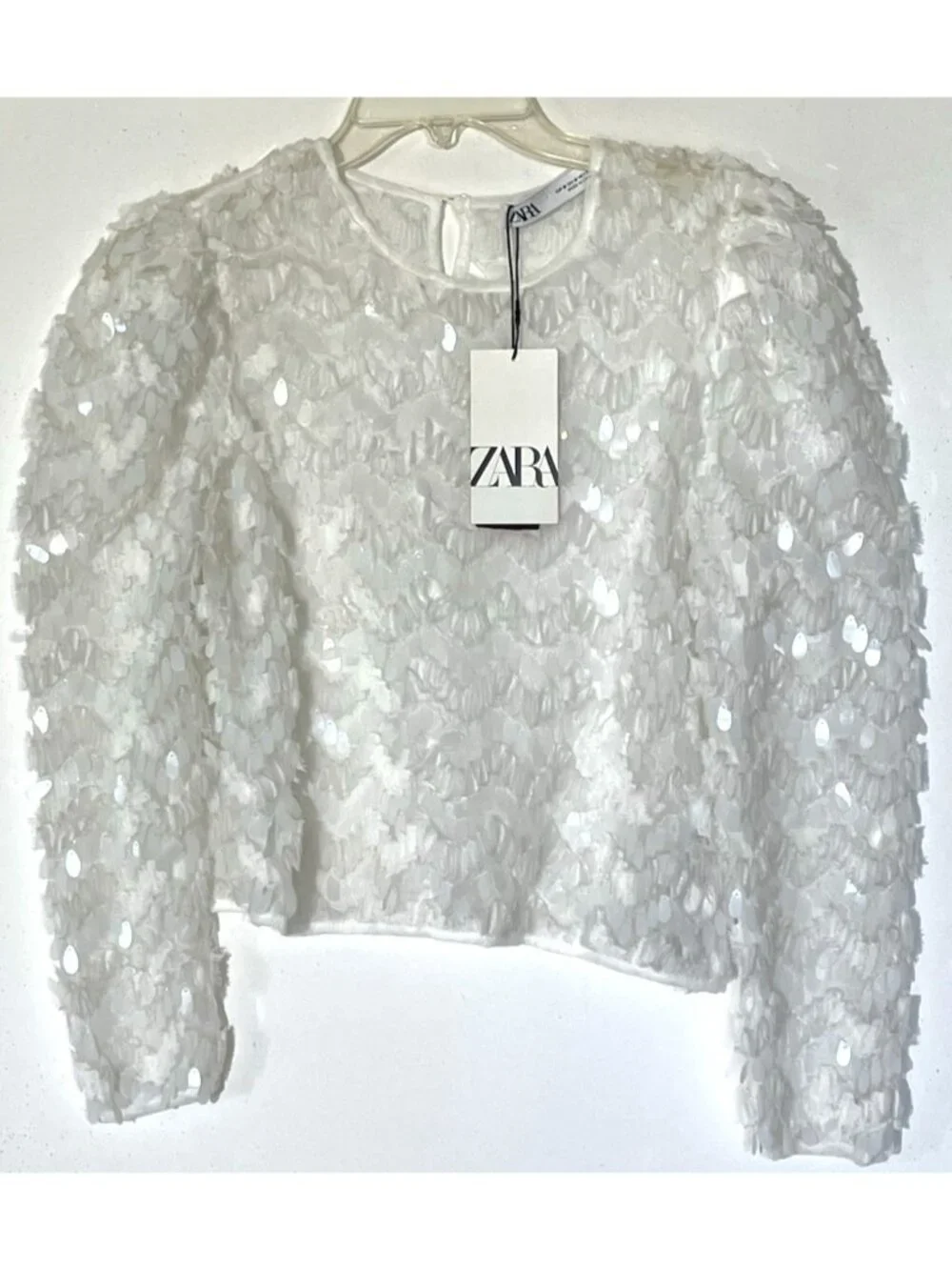 New Zara White Sequin Embellished Puff Long Sleeve Party Evening Blouse Top